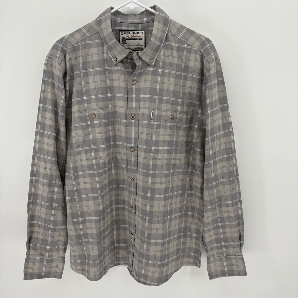 Over Under Woodsman Flannel Shirt Men L‎ Gray Plaid Button Down Outdoor Sporting